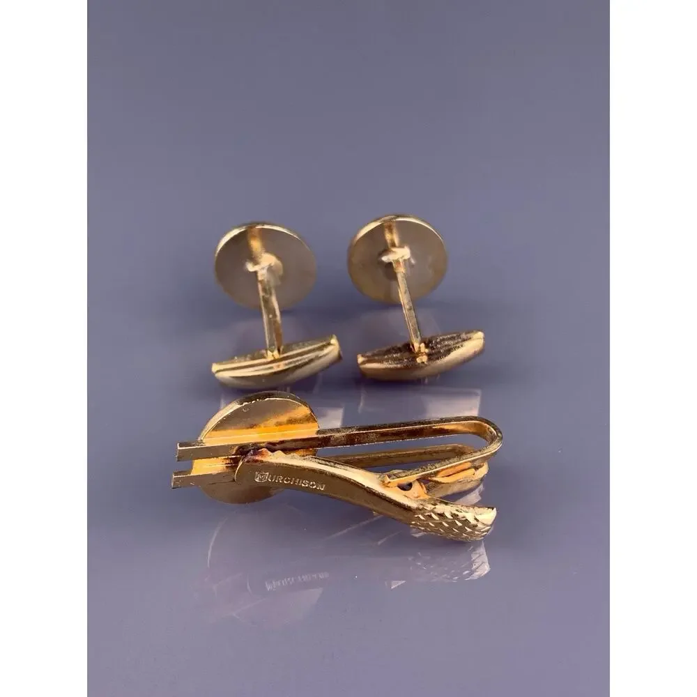 King Family Crest Cufflinks Tie Clip Gold Tone Knight Cross Escallop Vintage